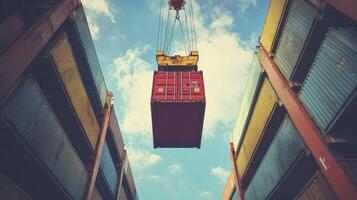 Global Shipping Logistics Crane Lifts Cargo Container Between Stacks photo