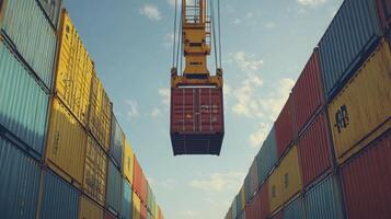 Cargo Crane Lifts Shipping Container Between Stacked Boxes photo