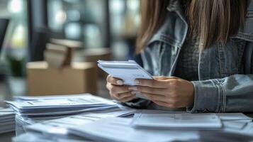 Closeup of a woman hands sorting through a stack of letters and envelopes photo