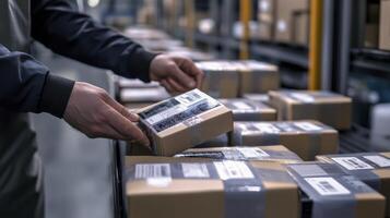 Warehouse Worker Handling Packages on Conveyor Belt System photo