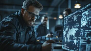 Focused Cybersecurity Team Analyzing Global Network Threats on Monitors photo