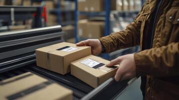 Warehouse Worker Handling Packages on Conveyor Belt System photo