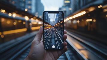 Smartphone Photography Cityscape Reflected on Train Tracks photo