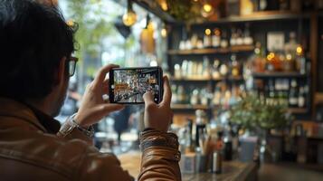 A person uses a smartphone to capture a photo of a dimly lit bars interior