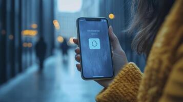 Woman using mobile app for smart home device control photo