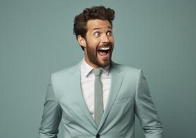 Surprised Businessman, Open Mouth, Teal Suit, Excited Expression, Studio Shot photo