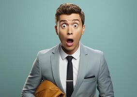 A young man in a light grey suit displays a shocked, openmouthed expression against a teal background photo