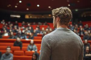 Rear view of a young man giving a presentation to a large audience seated in an auditorium with red chairs. photo