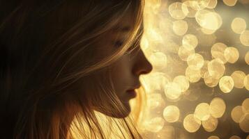 Closeup profile view of a young woman face, illuminated by warm, out of focus golden lights creating a bokeh effect photo