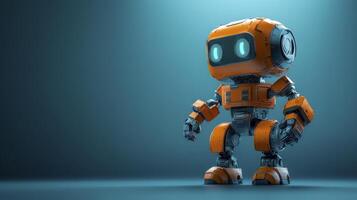 A cute, orange, bipedal robot stands against a dark blue background photo