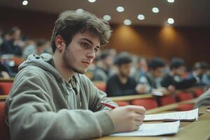 Focused Student in a University Lecture Hall Taking Notesv photo