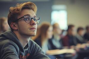 Focused Student in College Classroom Attentively Listening to Lecture photo
