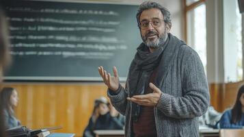 A male professor with glasses and a beard enthusiastically lectures to a class of students photo