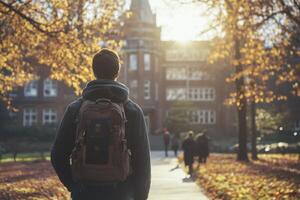 Student walking campus autumn leaves college education building path photo
