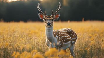 Axis Deer in Golden Meadow at Sunset, Majestic Antlers photo