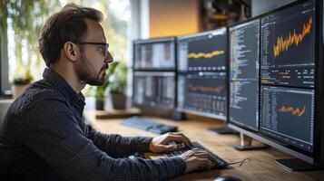 Focused Trader Analyzing Financial Data on Multiple Monitors photo