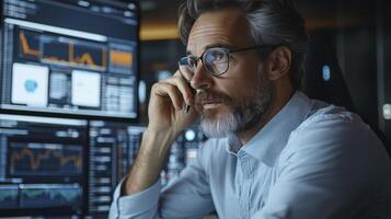 Focused Businessman Analyzing Data on Multiple Monitors at Night photo