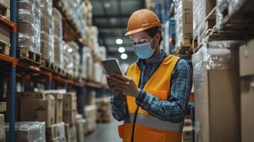 A warehouse worker in a face mask and hard hat uses a tablet for inventory management photo
