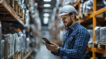 Warehouse Inventory Management Worker Using Smartphone for Logistics photo