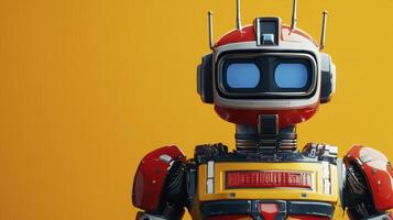 A closeup reveals a charming retro style robot, boasting red and yellow accents against a vibrant yellow background. photo