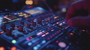 Closeup DJ Mixer Console Nightclub Electronic Music Performance Setup photo