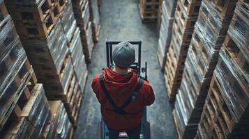 Warehouse Worker Operating Pallet Jack Among Pallets of Goods photo