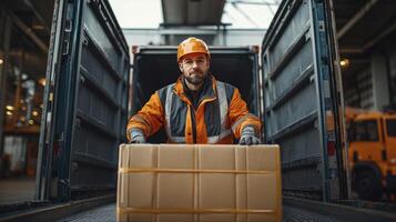 Warehouse Worker Loading Cargo Container Box Shipping Logistics photo