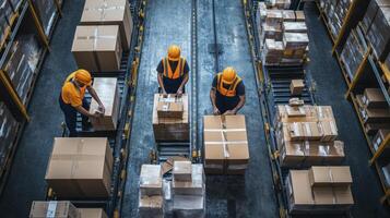Warehouse Workers Sorting Packages on Conveyor Belts Efficiently photo