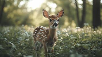 A young white tailed deer fawn stands in a lush meadow, surrounded by white wildflowers. photo
