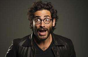 Closeup portrait of a surprised man with dark curly hair and glasses. He has an openmouthed, shocked expression on his face. The background is a muted gray. photo
