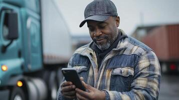 A middle aged Black truck driver checks his smartphone, possibly for delivery updates or communication. photo