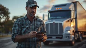 A farmer or trucker uses a tablet in front of a large semitruck at sunset. photo