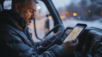 Truck driver using GPS navigation tablet, winter night driving photo