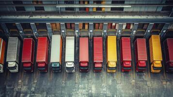 Aerial View of Delivery Trucks Parked at Loading Docks photo