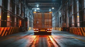 Logistics Warehouse Semi Truck Container Cargo Loading Dock Night photo