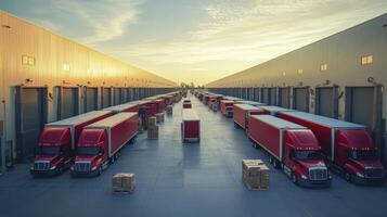 A long warehouse with numerous red semitrucks, cargo boxes, and loading docks photo