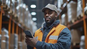 Warehouse Worker Using Technology for Inventory Management and Logistics photo