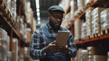 Warehouse Inventory Management Worker Using Tablet for Stock Check photo