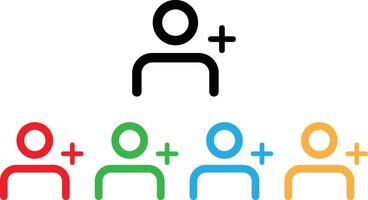 Colorful add user icon set in five colors . Add friend icon with plus symbol . Add new user icon vector