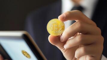 Bitcoin Cryptocurrency Digital Finance Blockchain Technology Businessman Holding Gold Coin photo