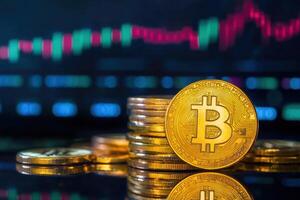 Bitcoin Cryptocurrency Stack Gold Coins Finance Digital Currency Blockchain Technology Market Graph photo