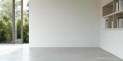 Minimalist Modern Room Interior Design with Large Window and Bookshelf photo