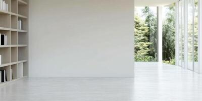 Modern Minimalist Room Interior Design Empty Space Bookshelf Forest View photo