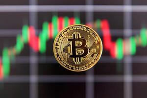 Bitcoin Cryptocurrency Gold Coin with Stock Market Chart Background photo