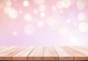 Pink Bokeh Background with Wooden Tabletop Display photo