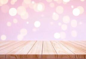 Pink Bokeh Background with Wooden Tabletop Display photo