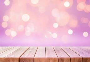Pink Bokeh Background with Wooden Tabletop Display photo