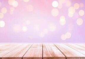 Pink Bokeh Background with Wooden Tabletop Display photo