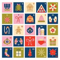 Christmas advent calendar. Holiday countdown calendar in retro vintage style. Cute Christmas illustrations and numbers. Banner, poster, card template. . vector