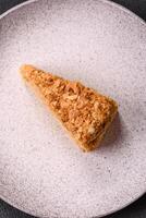 Piece of sweet layer cake Napoleon with custard photo